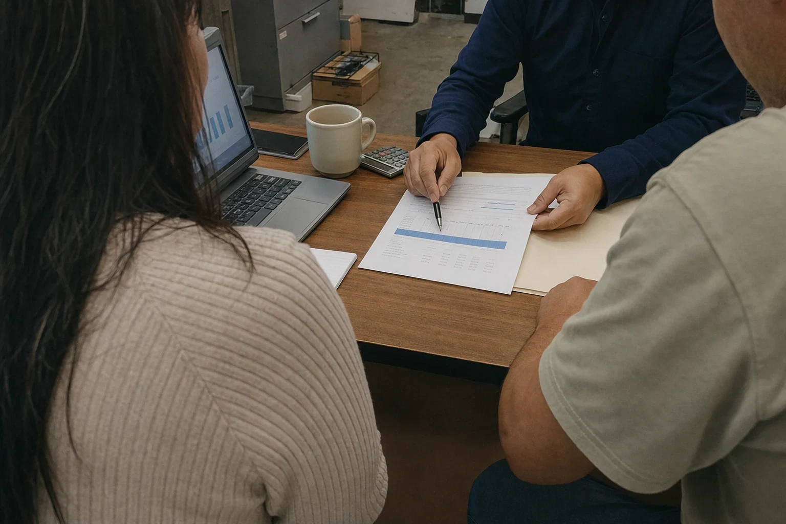 Agent in a navy shirt points with a pen at a printed coverage chart on a wooden desk while two business owners look on in a back office with a laptop and coffee mug