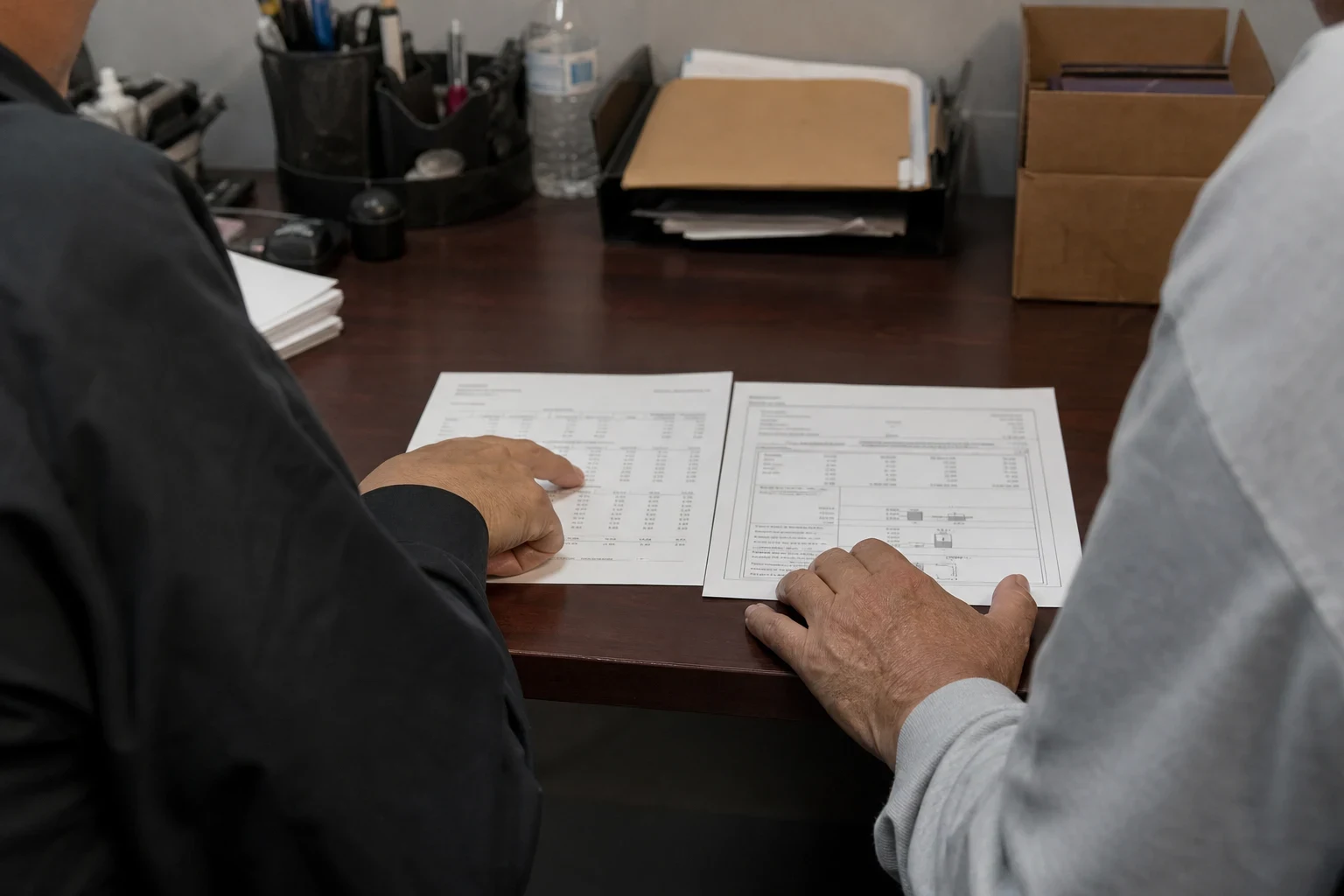 Two people at a dark wood office desk comparing two printed documents laid side by side, with a pen holder, letter tray, water bottle and cardboard box behind.